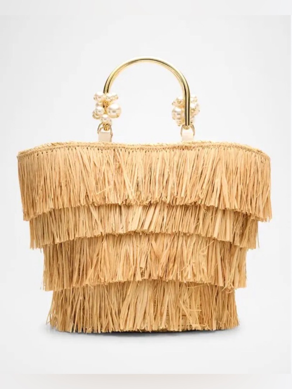 NWT Luna Fringe Raffia Tote Bag with Gold Pearl-Accent Handle in Natural